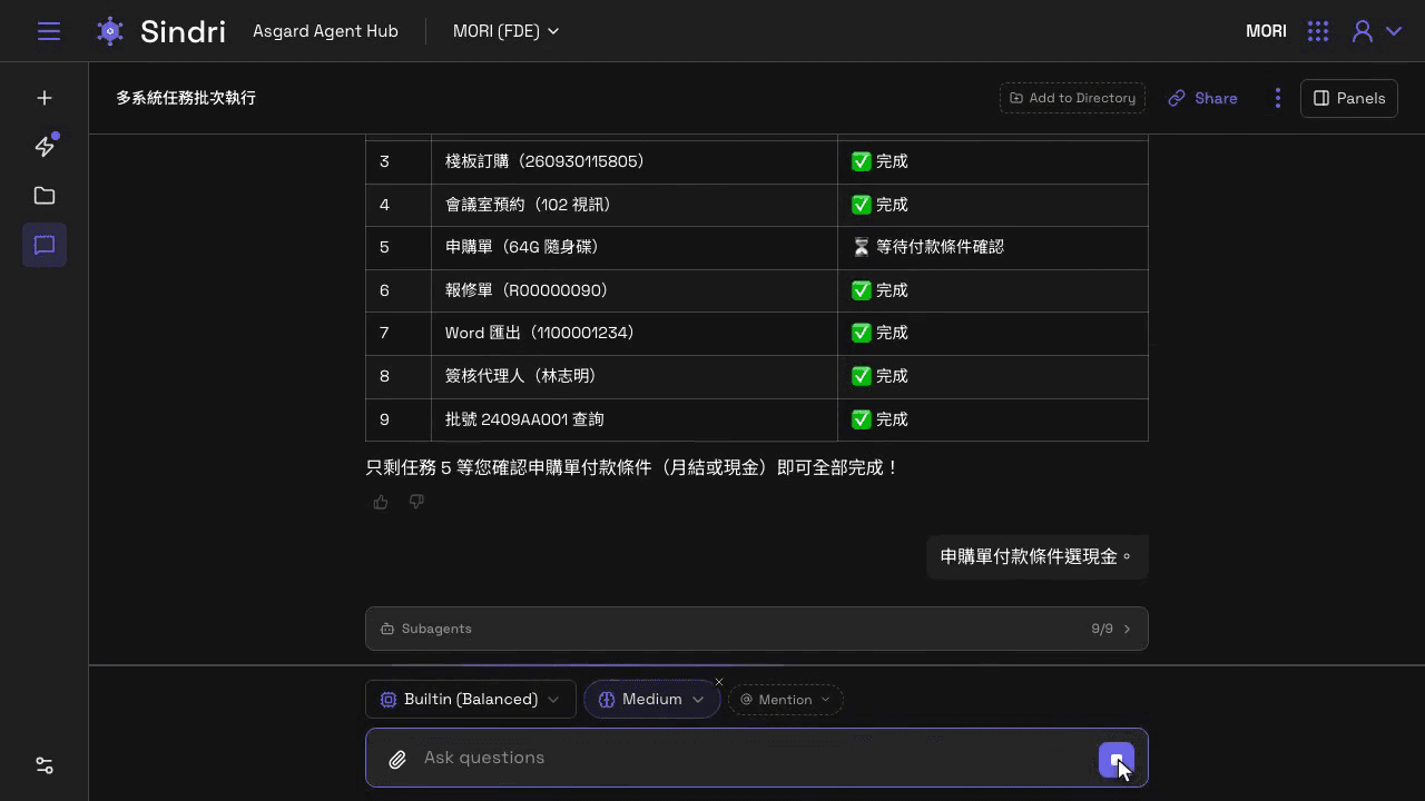 Sindri 的對話,用表格回報九件事的結果