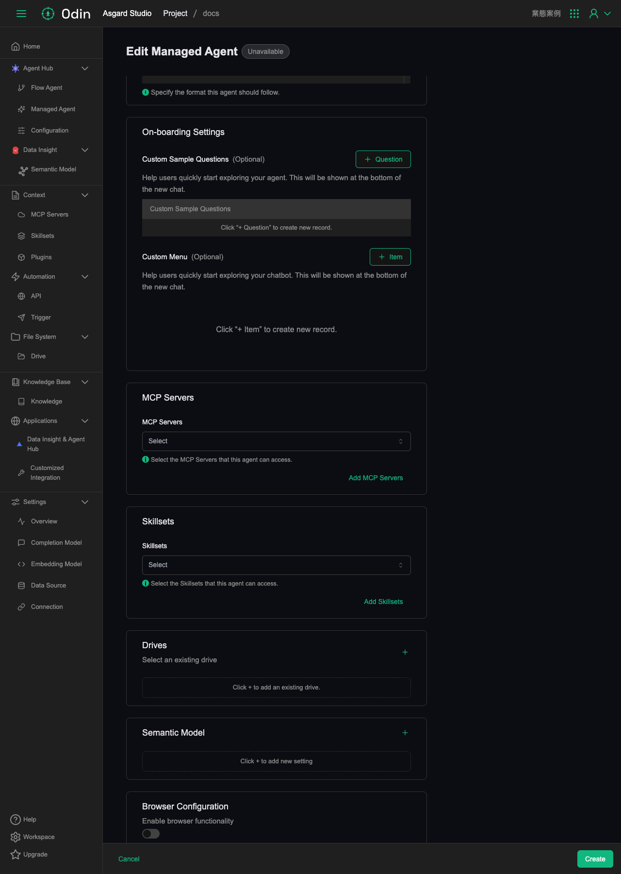 Lower half of the creation form, with the five mountable resource sections: MCP Servers, Skillsets, Drives, Semantic Model and Browser Configuration