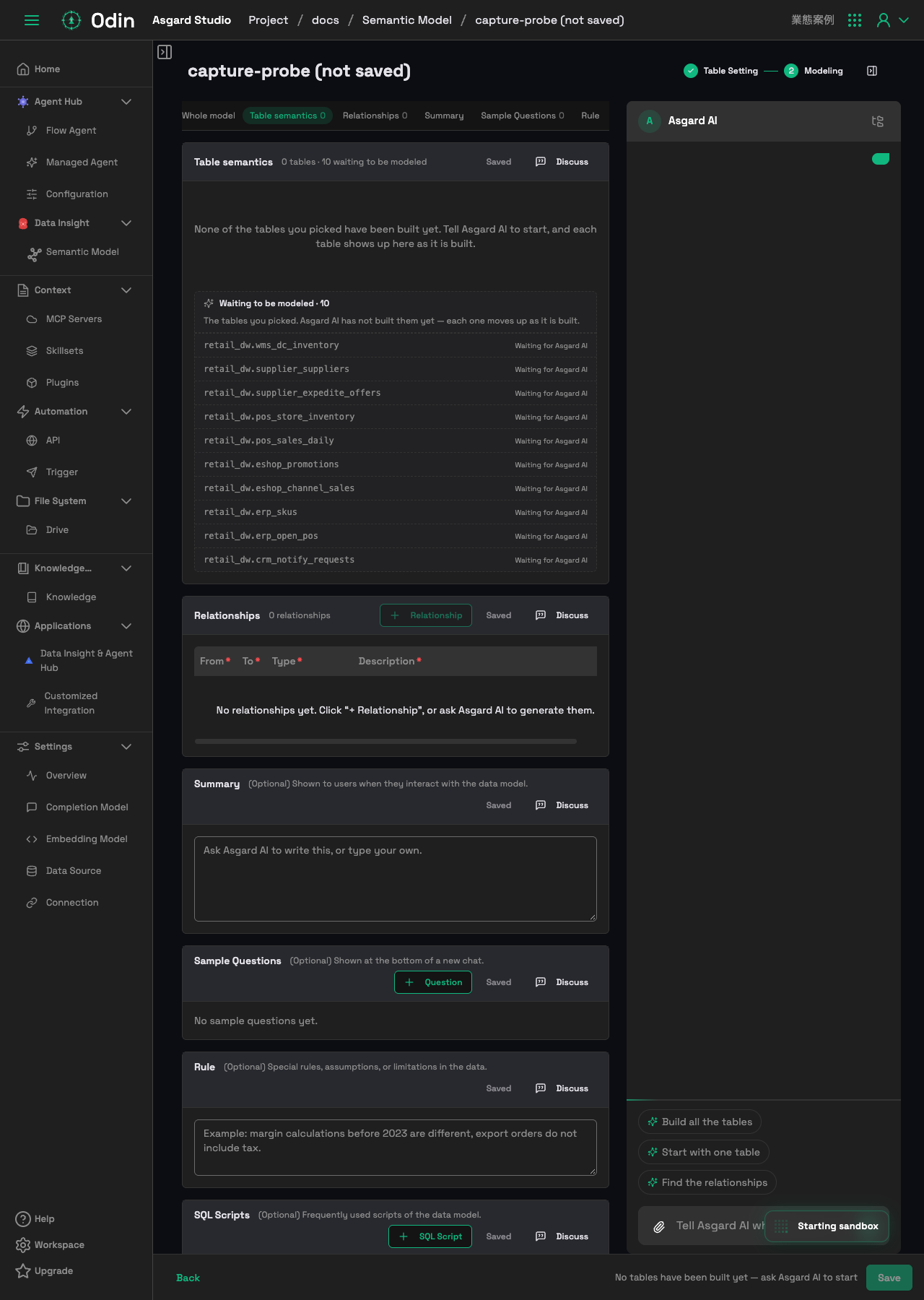 Modeling step on arrival, all 10 tables still Waiting to be modeled, with the chat panel on the right listing the three quick actions