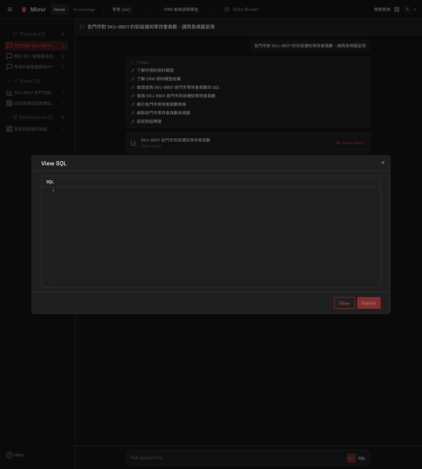 The SQL editor, opened from the SQL button beside the question box