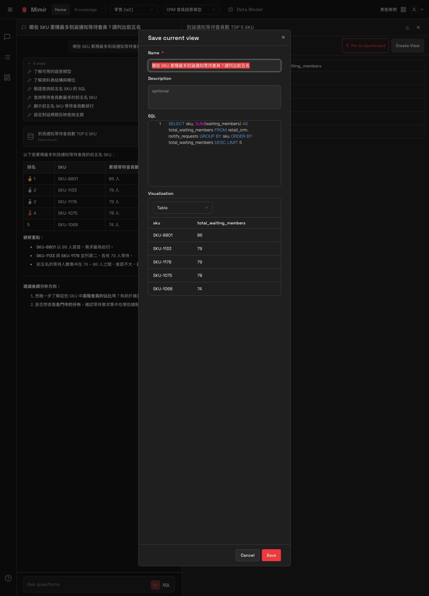 The Save current view dialog: Name, Description, SQL and the Visualization presentation