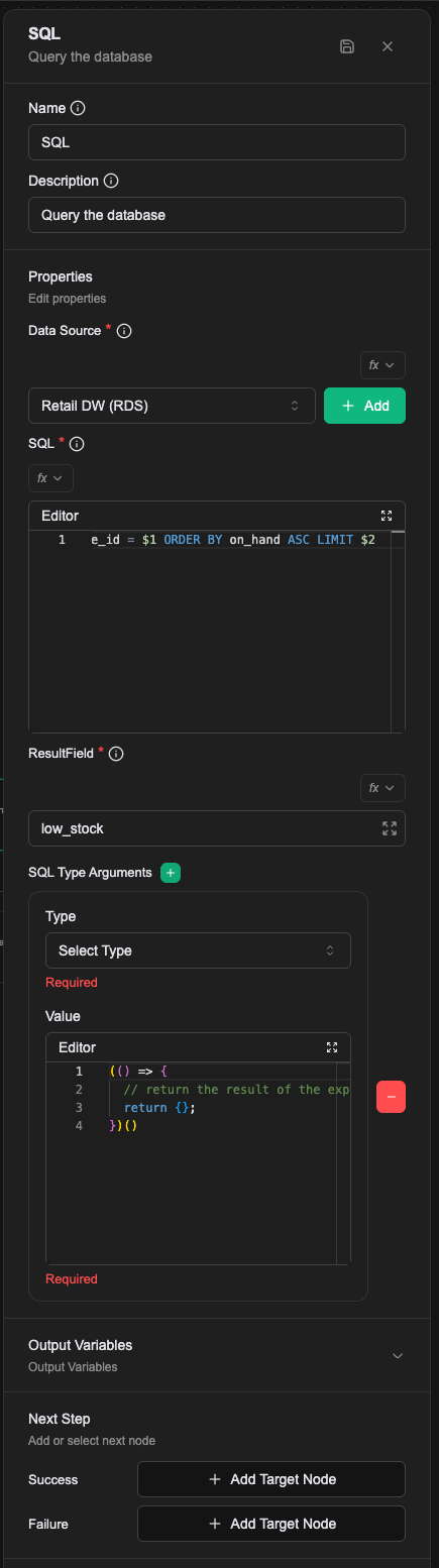 After pressing +, one argument appears with a Type dropdown above and a Value editor below