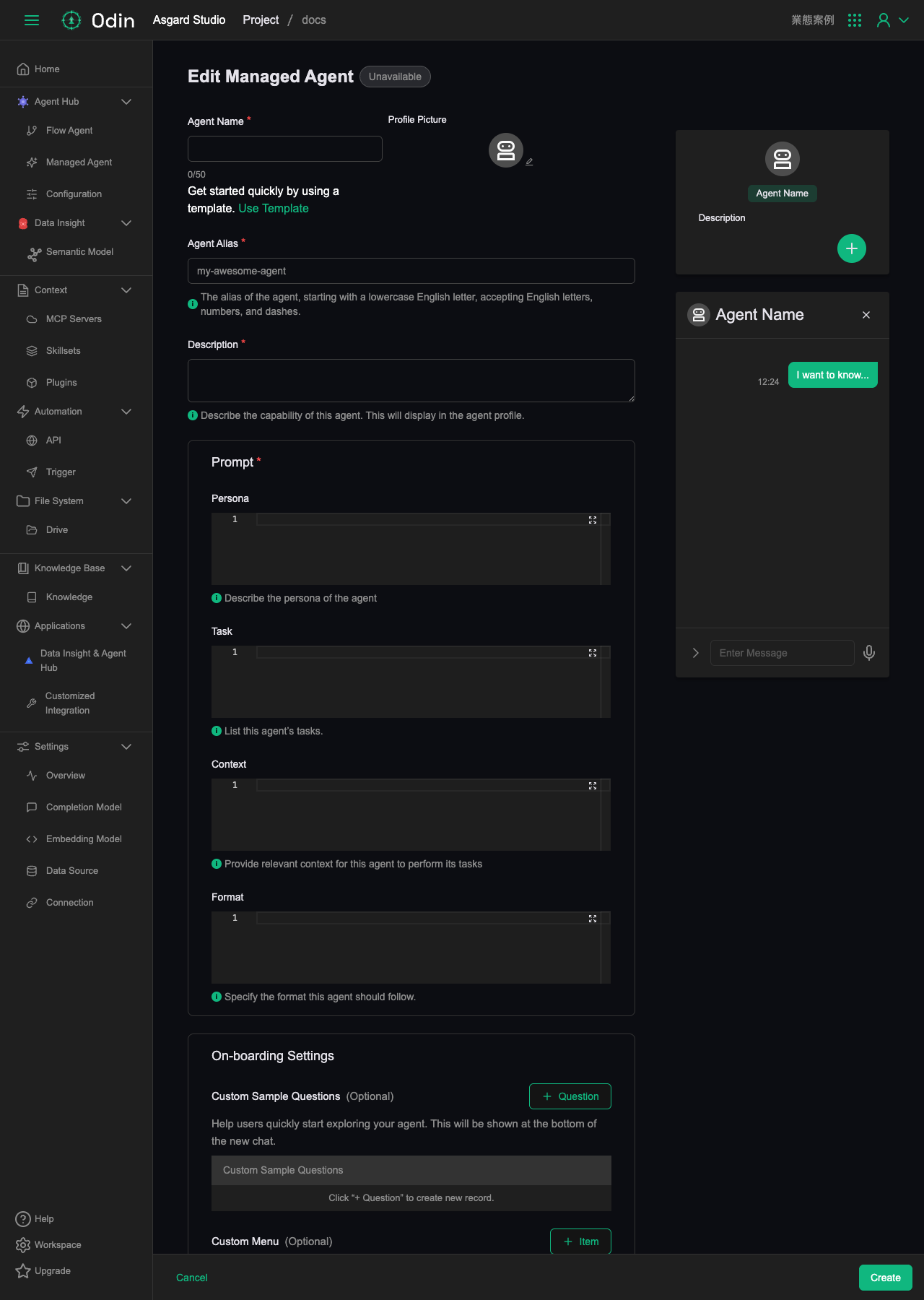 New Managed Agent 作成フォーム。Agent Alias／Description／Prompt（Persona/Task/Context/Format）などの項目と、右側のリアルタイムプレビュー