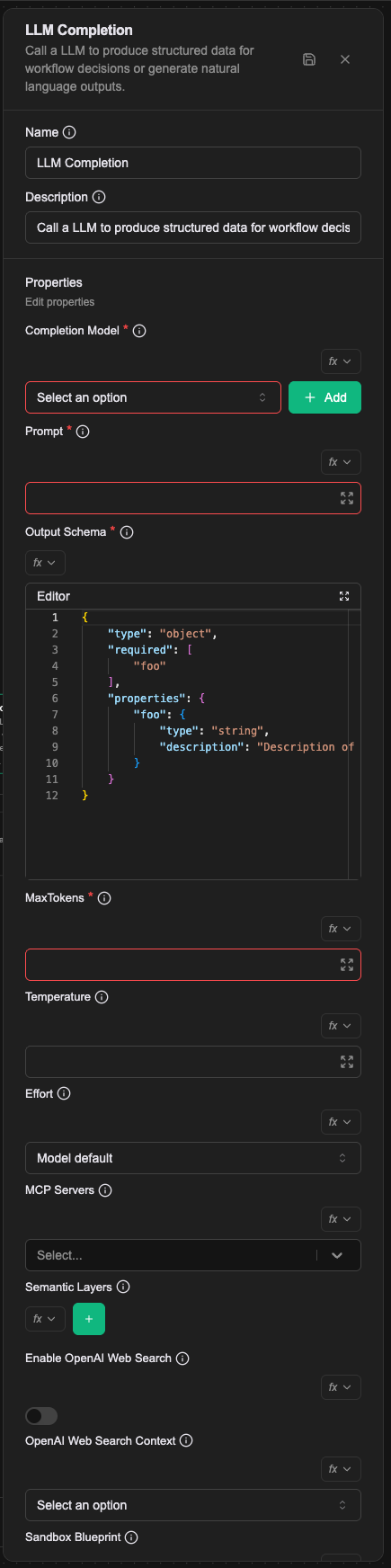 LLM Completion のプロパティパネル。Completion Model、Prompt、Output Schema など 12 個の項目