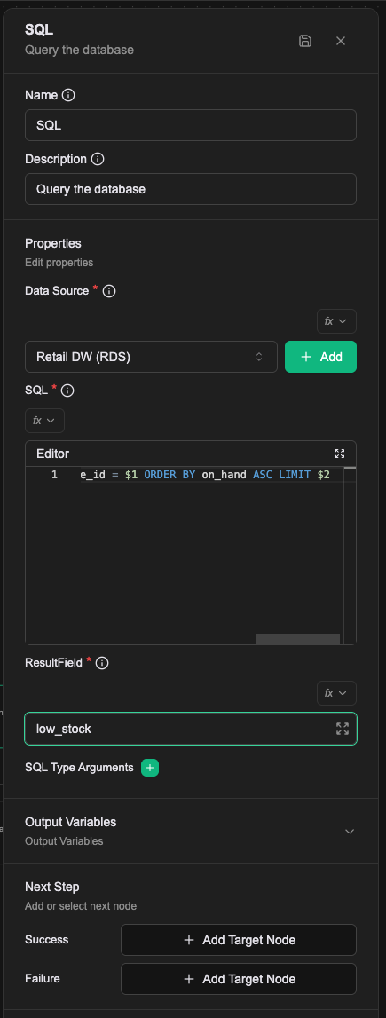 入力後のパネル。Data Source は Retail DW (RDS)、SQL エディタにクエリ、ResultField は low_stock