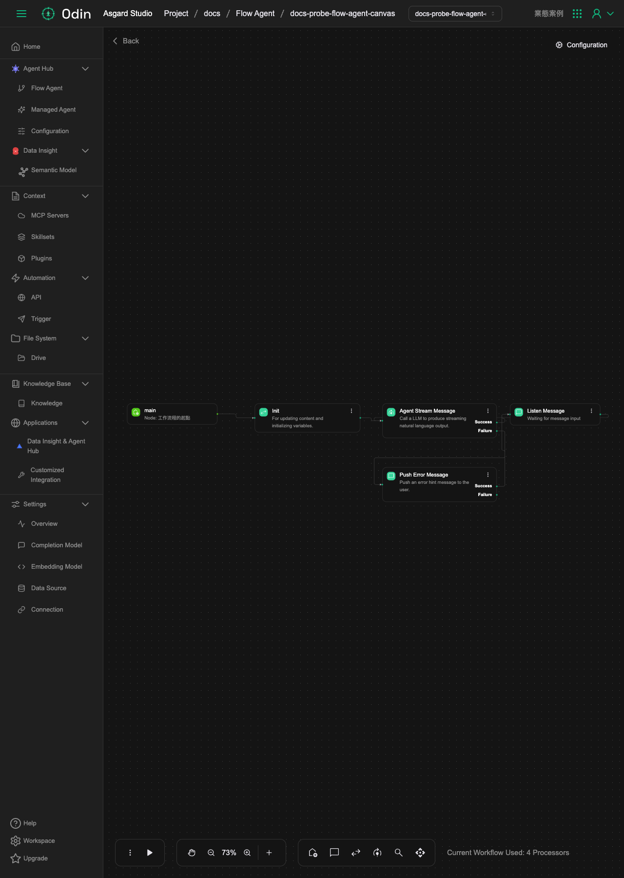 工作流程畫布，預設有 main、Init、Agent Stream Message、Listen Message 與 Push Error Message 五個節點