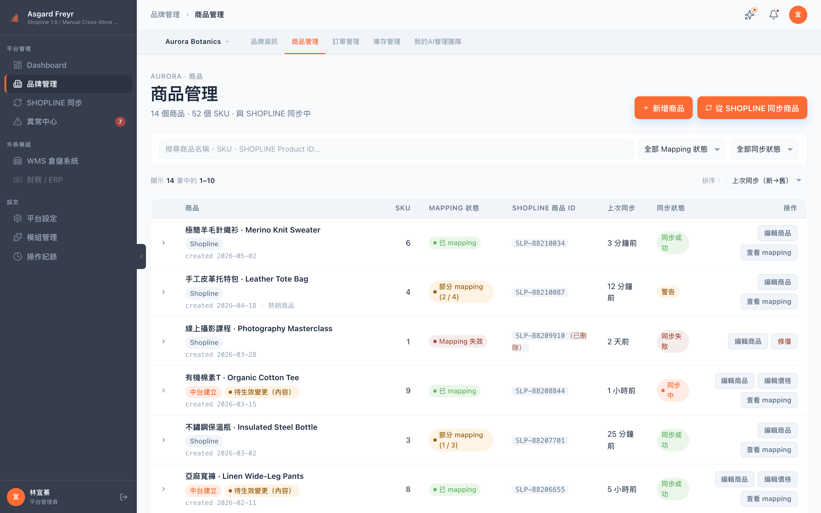 商品列表與 SHOPLINE 對應狀態