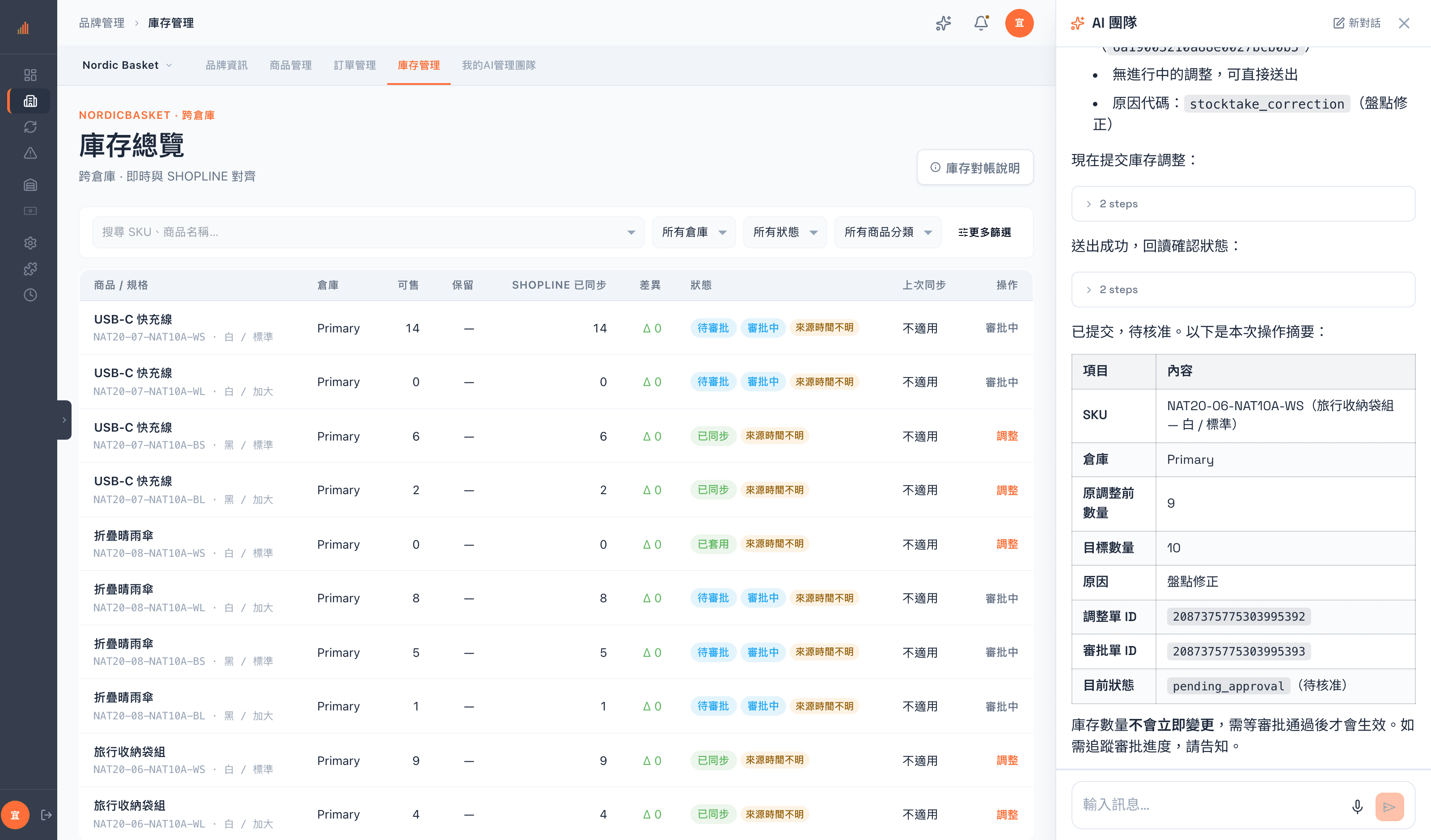 AI 送出的庫存調整落在待核准狀態